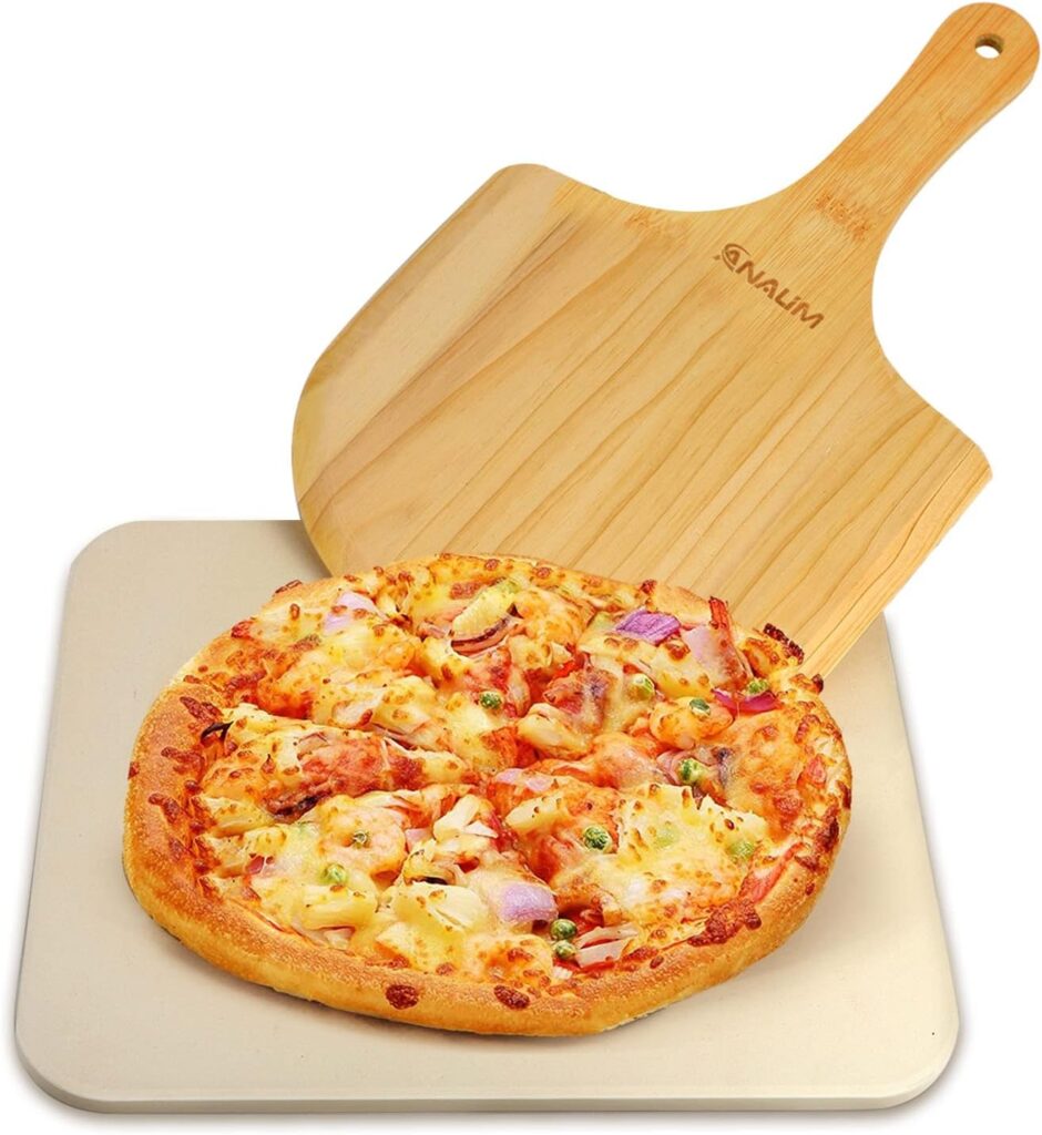 ANALIM Pizza Stone for Oven and Grill with Pizza Cutting Board, 12 Inch Baking Stone with Wooden Pizza Peel Paddle for BBQ Grilling Cooking