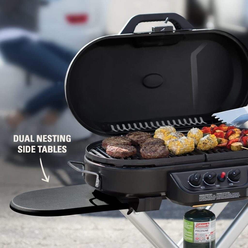 Coleman RoadTrip 285 Portable Stand-Up Propane Grill, Gas Grill with 3 Adjustable Burners and Instastart Push-Button Ignition; Grease Tray, Side Tables, Thermometer, Folding Legs Wheels Included