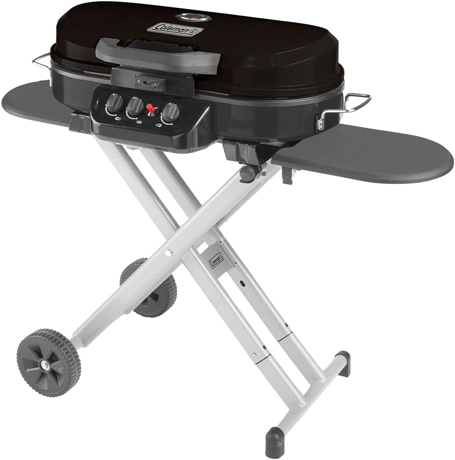 Coleman RoadTrip 285 Portable Stand-Up Propane Grill, Gas Grill with 3 Adjustable Burners and Instastart Push-Button Ignition; Grease Tray, Side Tables, Thermometer, Folding Legs Wheels Included