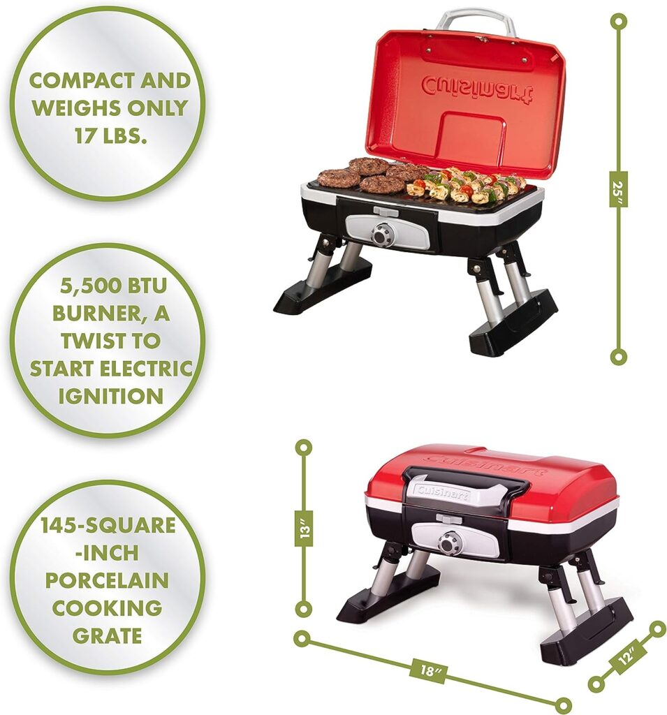 Cuisinart CGG-180T Petit Gourmet Portable Tabletop Propane Gas Grill, Red 17.6 x 18.6 x 11.8-Inch