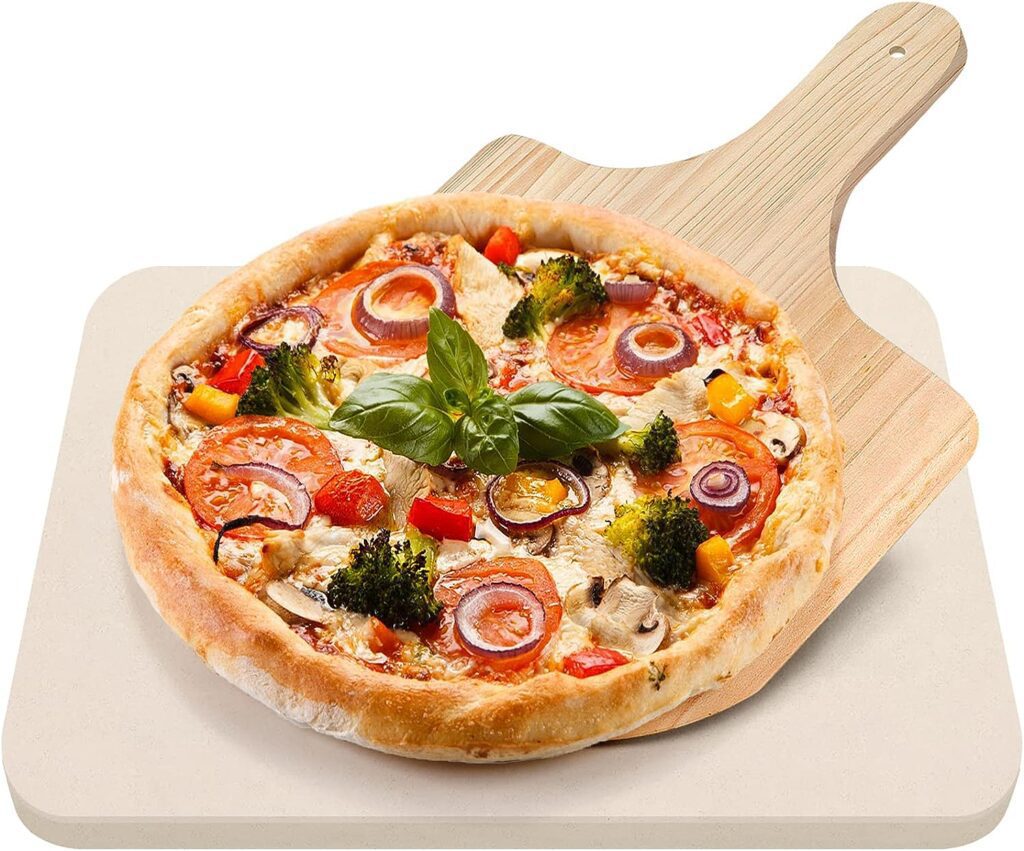 KORCCI Large Pizza Stone for Oven and Grill 15 x 12, Free Wooden Pizza Peel paddle, Durable and Safe Baking Stone for grill, Thermal Shock Resistant cooking stone