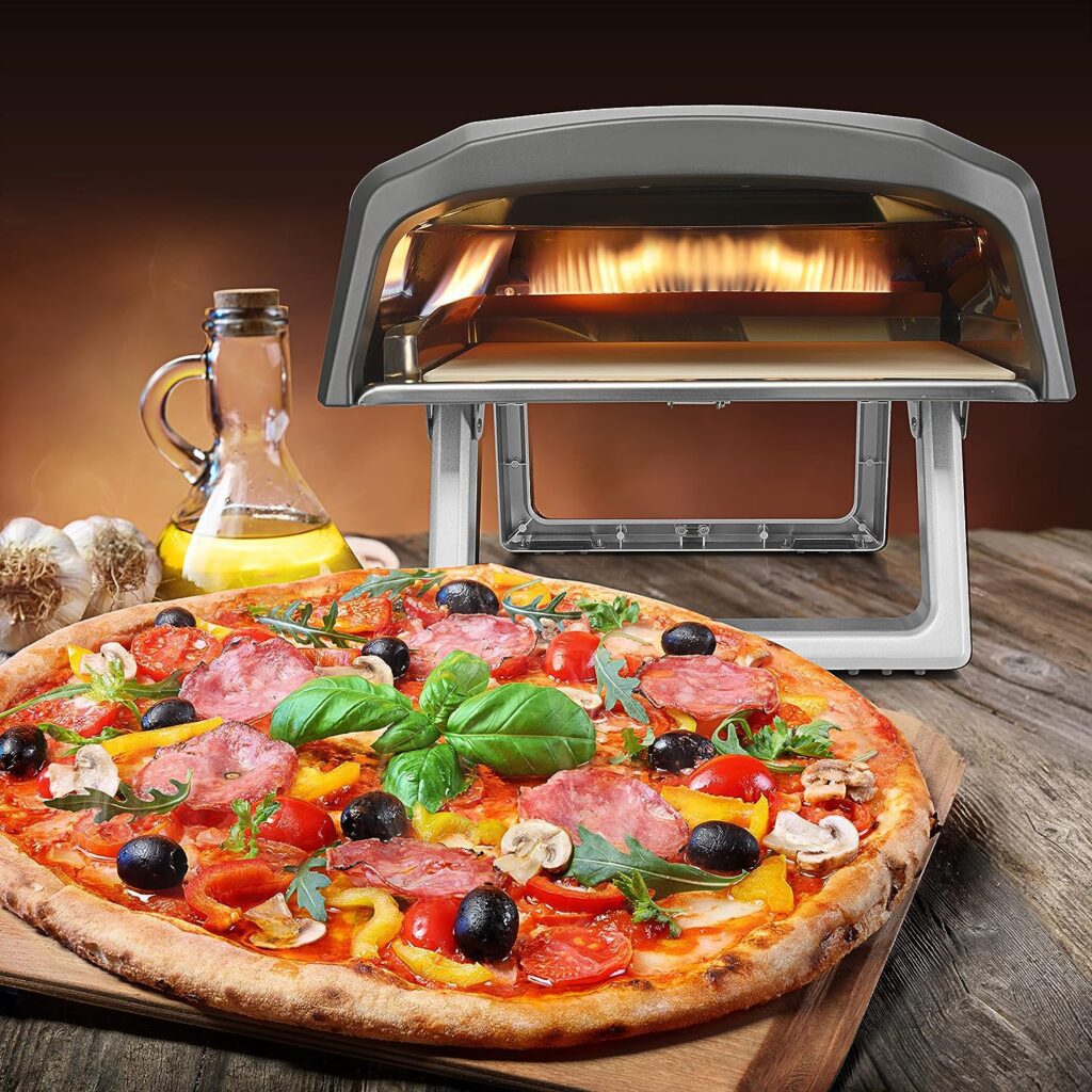 NutriChef NCPIZOVN Portable Outdoor Gas Oven-Foldable Feet, Adjustable Heat Control Dial, Includes Burner, Stone  Regulator w/Hose, Cooks 12 Pizza in 60 Seconds