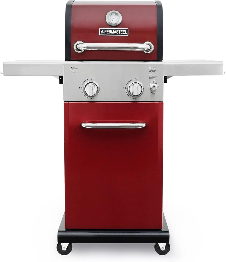 Permasteel 2-Burner Gas Grill | Cast Iron Cooking Grates, Grilling Tools Holder, Foldable Sides, PG-A40201-RD, Cabinet Style, 22000 BTUs – Red