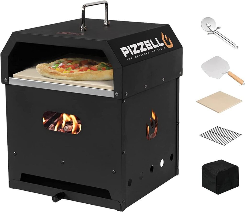 PIZZELLO Outdoor Pizza Oven 4 in 1 Wood Fired 2-Layer Detachable Outside Ovens With Pizza Stone, Pizza Peel, Cover, Cutter, Cooking Grill Grate, Pizzello Gusto