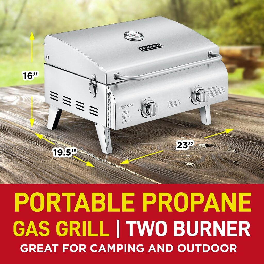 Portable Grill – Table Top Stainless Steel Propane Gas BBQ for Camping and Outdoor – 2 Burners –20,000 BTU Power - Folding Legs – Wind Proof Lid – Easy Clean – Silver - By Lifemaster