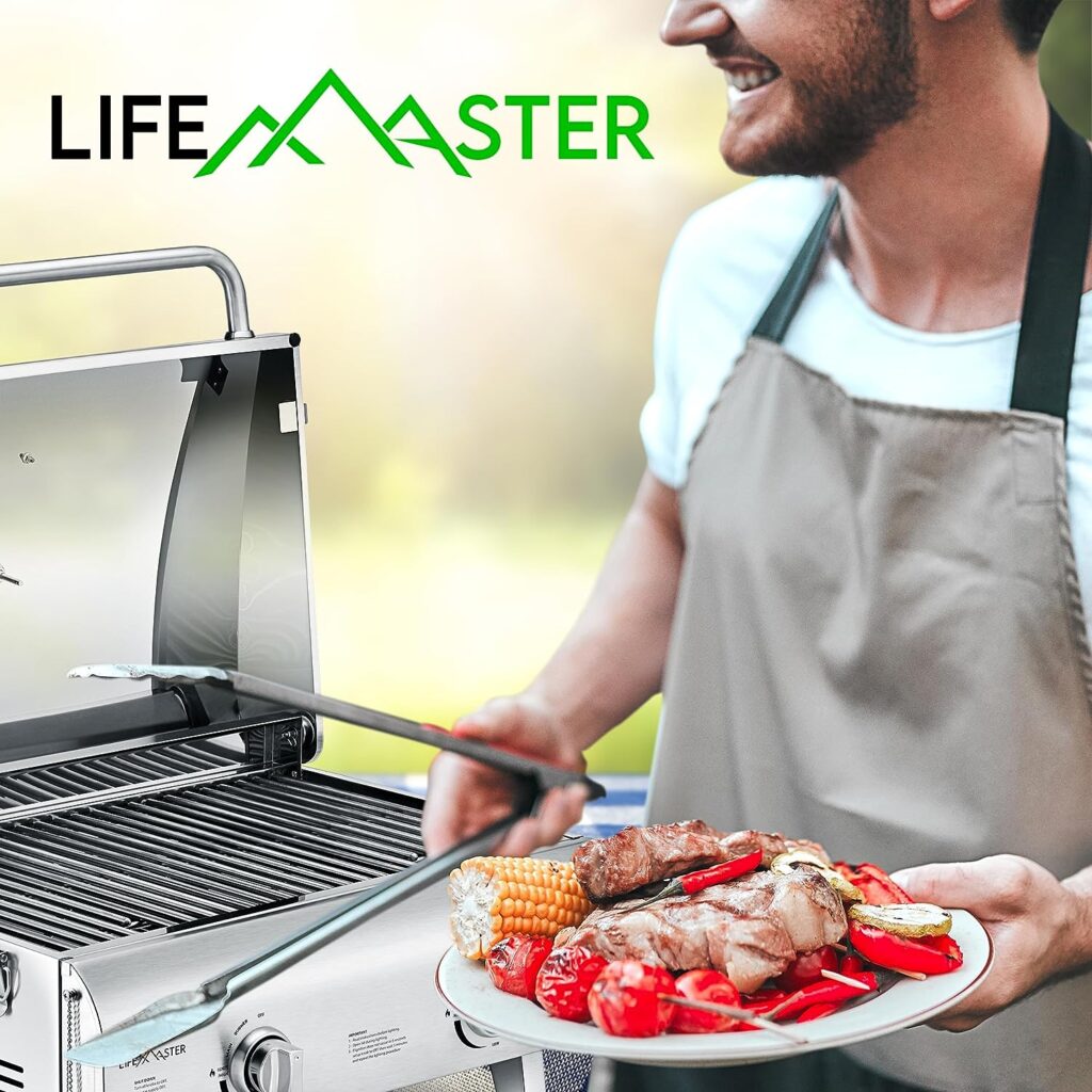 Portable Grill – Table Top Stainless Steel Propane Gas BBQ for Camping and Outdoor – 2 Burners –20,000 BTU Power - Folding Legs – Wind Proof Lid – Easy Clean – Silver - By Lifemaster