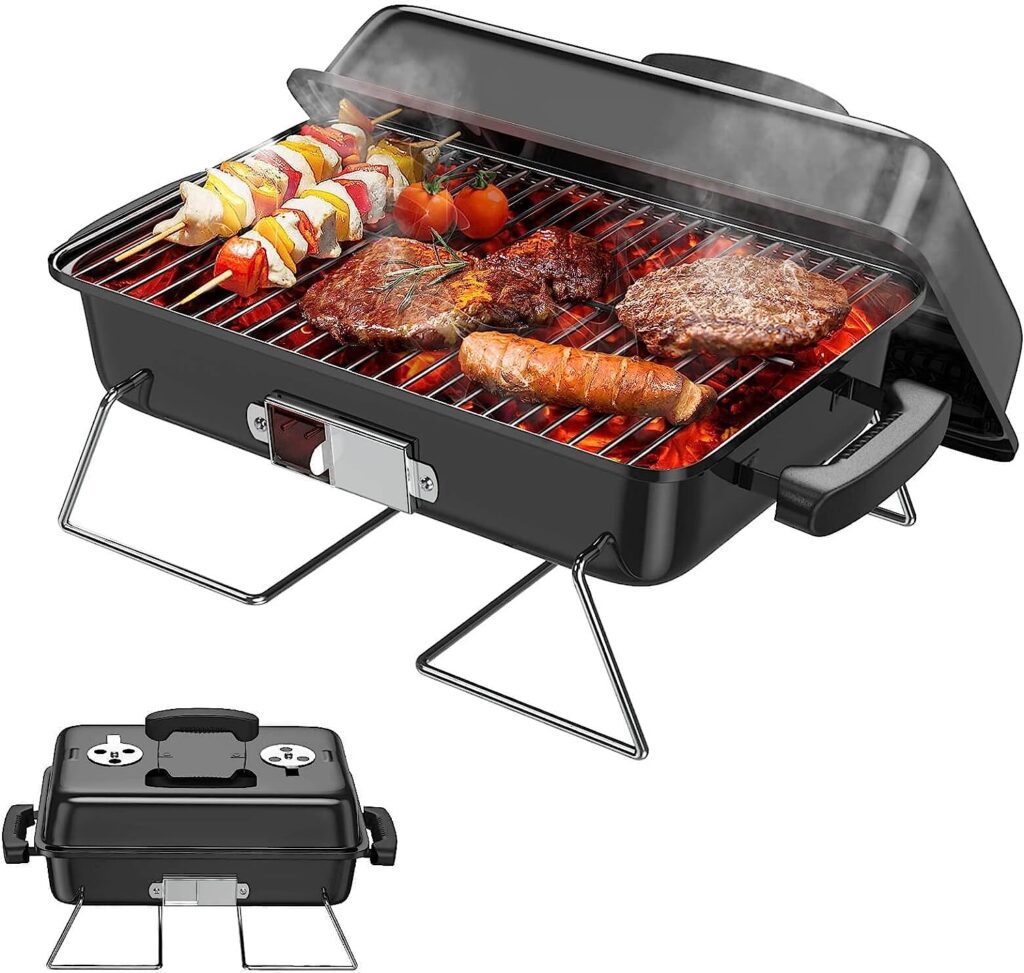 RESVIN Charcoal Grills, Portable Charcoal Grill with Lid Stainless Steel Barbecue Grill, Small Folding Tabletop Grill for Outdoor Cooking Camping Beach Traveling Picnic Backyard