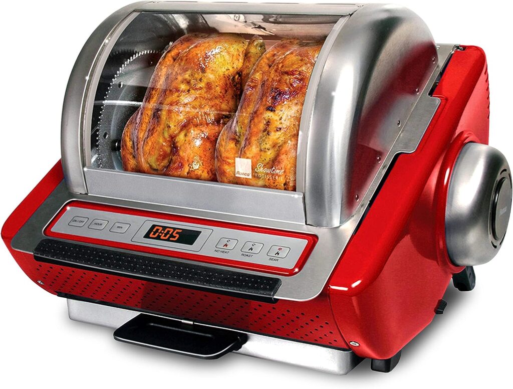 Ronco EZ-Store Rotisserie Oven, Gourmet Cooking at Home, Cooks Perfectly Roasted Chickens, Turkey, Pork, Roasts  Burgers, Large Capacity, 3 Cooking Options: Roast, Sear, No Heat Rotation, Red