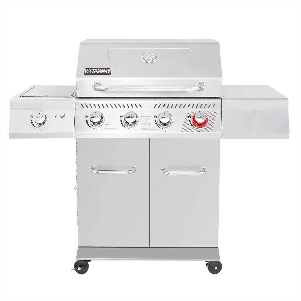 Royal Gourmet GA4402S Stainless Steel 4-Burner BBQ Propane Gas Grill, 54000 BTU Cabinet Style Gas Grill with Sear Burner and Side Burner Perfect Patio Garden Picnic Backyard Party Silver