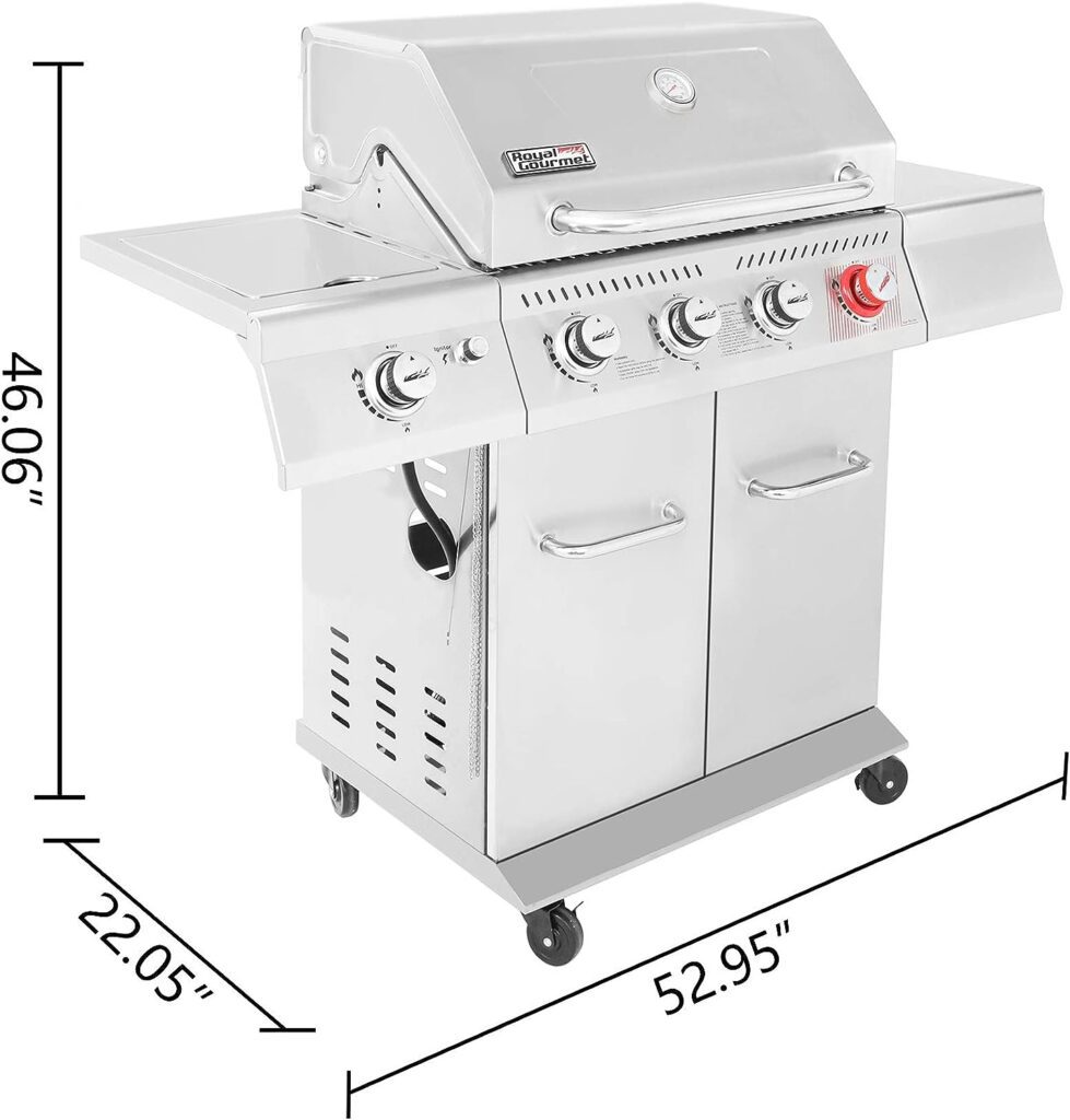 Royal Gourmet GA4402S Stainless Steel 4-Burner BBQ Propane Gas Grill, 54000 BTU Cabinet Style Gas Grill with Sear Burner and Side Burner Perfect Patio Garden Picnic Backyard Party Silver