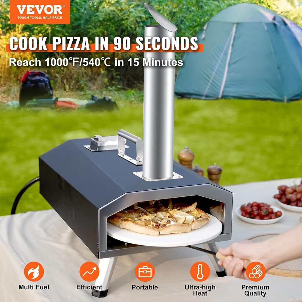 VEVOR Multi-Fuel Oven Outdoor 12-inch Gas  Wood Fired Pizza Maker with Auto Rotatable Stone Portable Pizzaofen for Outside Backyard Camp, Carry Cover, Shovel, CSA Certified, Black