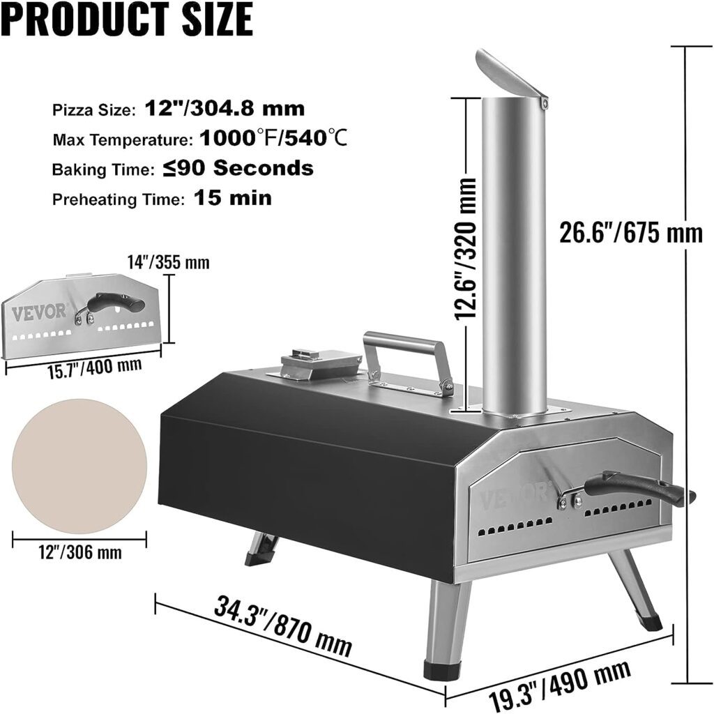 VEVOR Multi-Fuel Oven Outdoor 12-inch Gas  Wood Fired Pizza Maker with Auto Rotatable Stone Portable Pizzaofen for Outside Backyard Camp, Carry Cover, Shovel, CSA Certified, Black