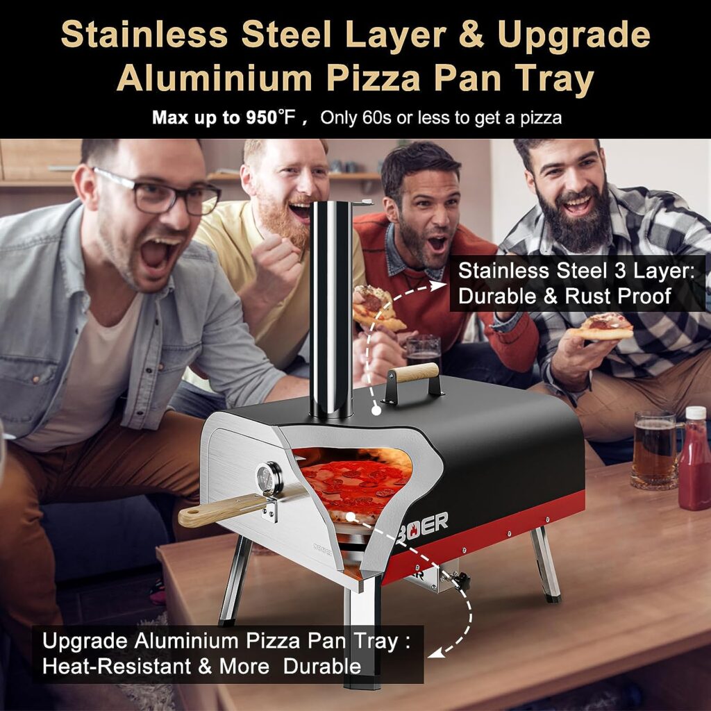 ABORON Pizza Oven Outdoor,13 Multi-Fuel Rotatable Pizza Ovens,Portable Wood Fired and Gas Pizza Oven,Stainless Steel 3-Layer Oven,Pizza Maker with Built-in Thermometer,Pizza Cutter  Carry Bag