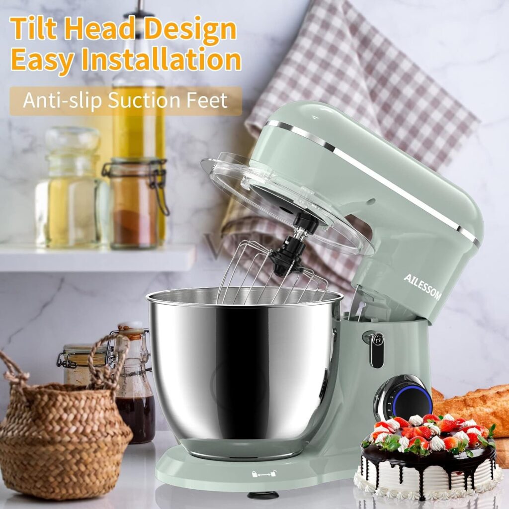 AILESSOM 3-IN-1 Electric Stand Mixer, 660W 10-Speed With Pulse Button, Attachments include 6.5QT Bowl, Dough Hook, Beater, Whisk for Most Home Cooks, Morandi Green