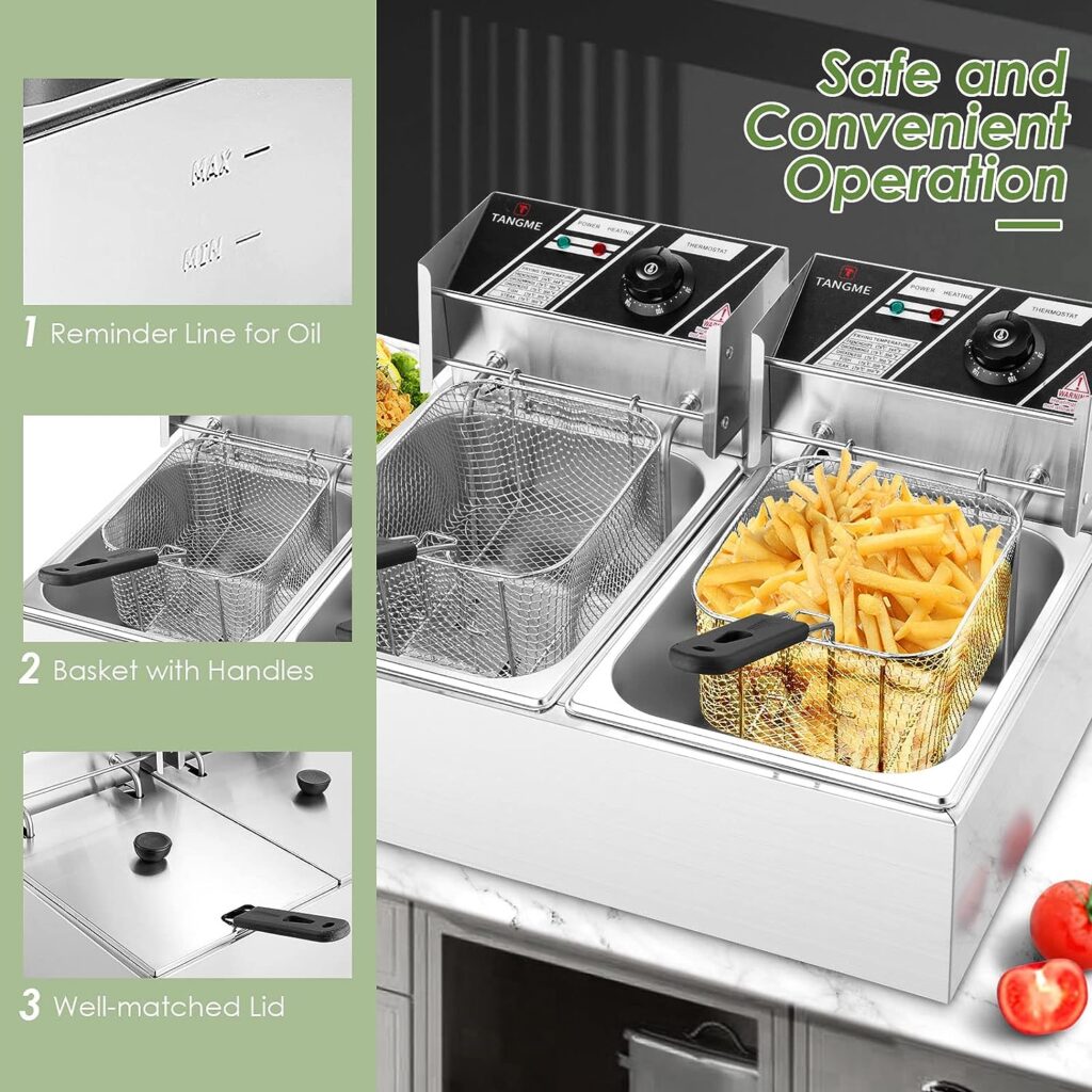 Commercial Deep Fryer - 3400W Electric Deep Fryers with 2x6.35QT Baskets 0.6mm Thickened Stainless Steel Countertop Oil Fryer 20.7QT Large Capacity with Temperature Limiter