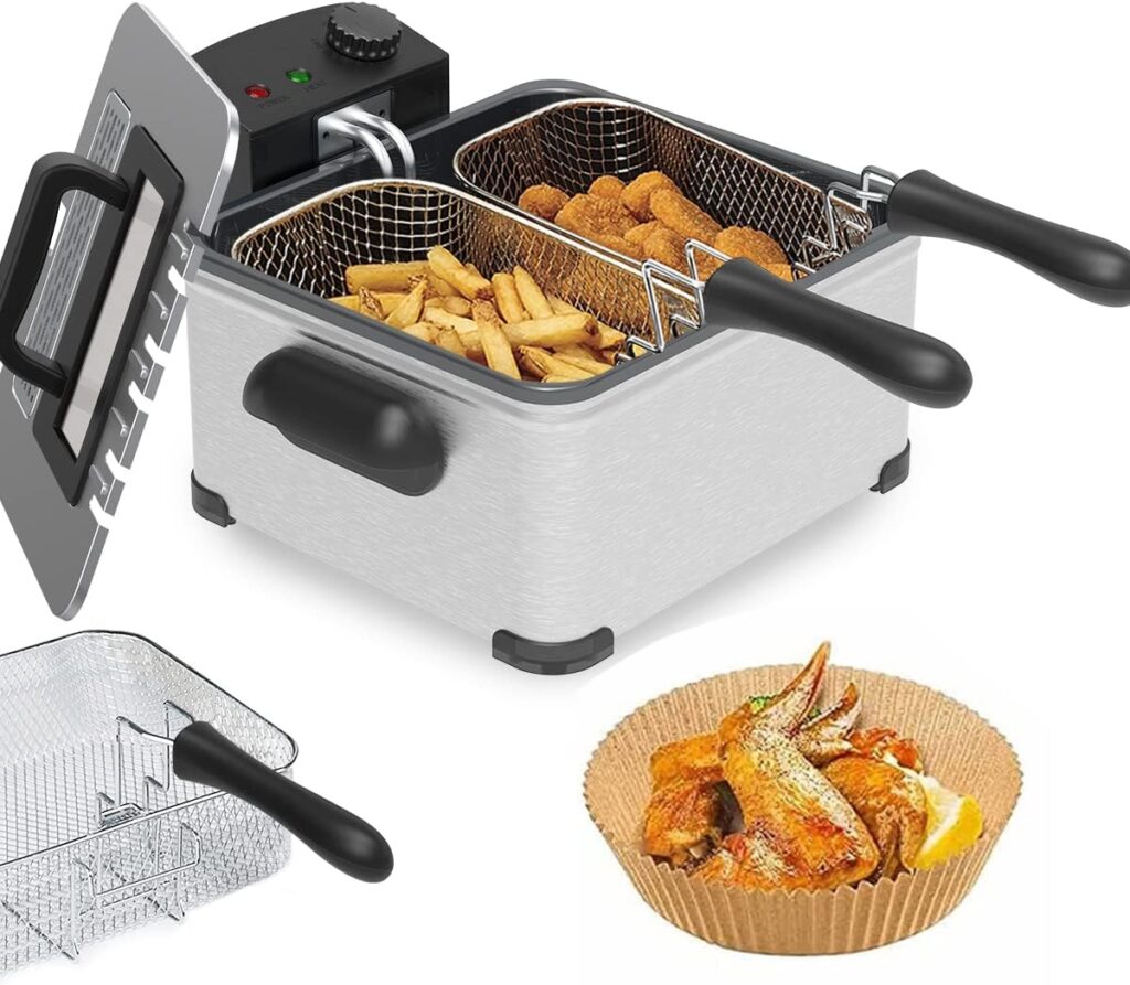 Eficentline 1700W 5 Liters/20 Cups Electric Deep Fryer with 3 Frying Basket, Adjustable Temperature, Lid with View Window, Polished Stainless Steel with 100Pcs 8Inch Fryer Paper, Perfect for Kitchen Chicken, Fry Fish, Chips and More