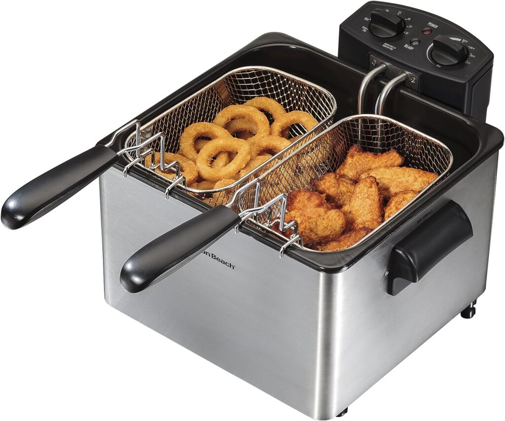 Hamilton Beach Deep Fryer with 2 Frying Baskets, 19 Cups / 4.5 Liters Oil Capacity, Lid with View Window, Professional Style, Electric, 1800 Watts, Stainless Steel (35036)