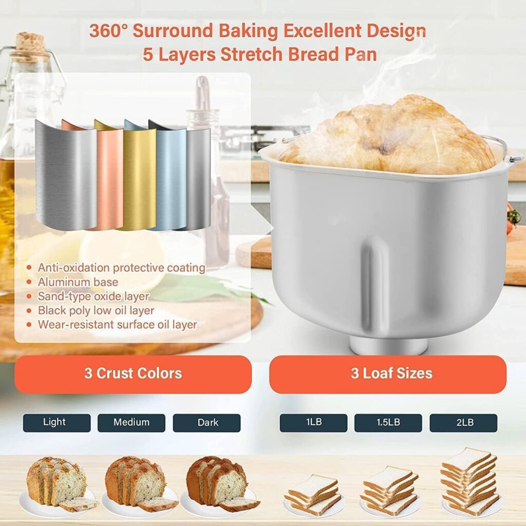 KBS 19-in-1 Bread Maker, 650W Automatic Bread Machine Stainless Steel with Ceramic Pan, 15H Timer and 1H Keep Warm, Dough Maker,Yogurt,3 Loaf Sizes 3 Crust Colors, 2LB Bread Maker Machine with Recipes