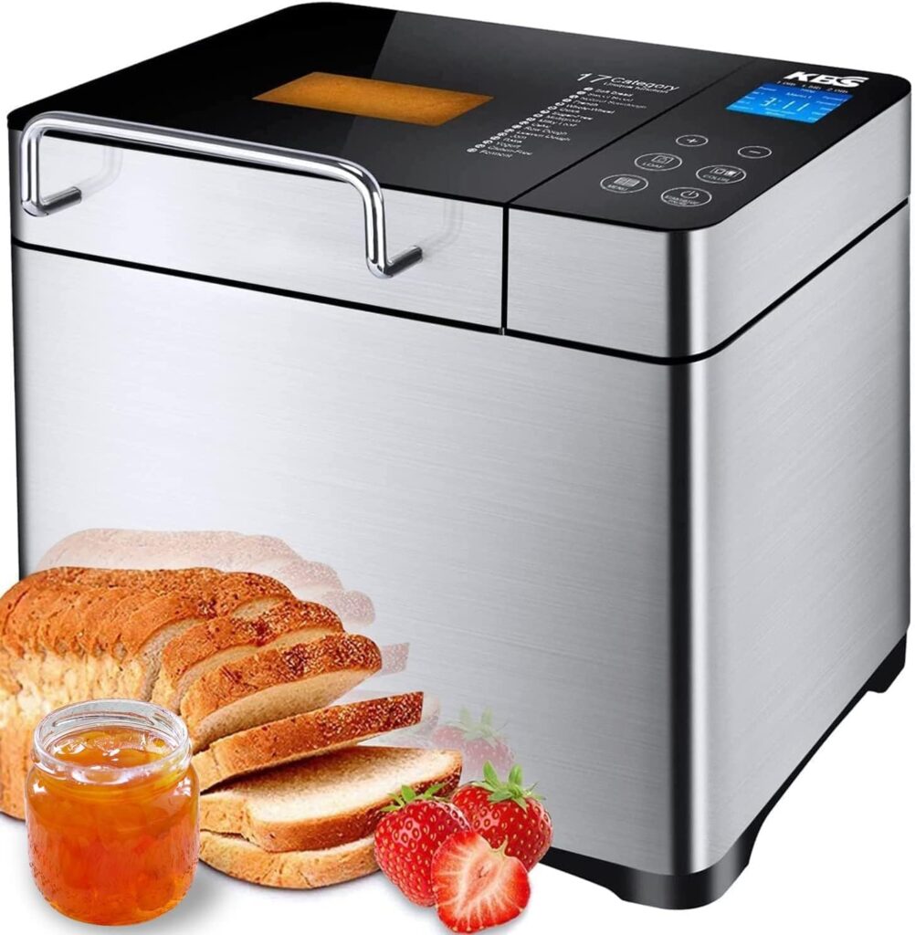 KBS Large 17-in-1 Bread Machine, 2LB All Stainless Steel Bread Maker with Auto Fruit Nut Dispenser, Nonstick Ceramic Pan, Full Touch Panel Tempered Glass, Reserve Keep Warm Set, Oven Mitt and Recipes