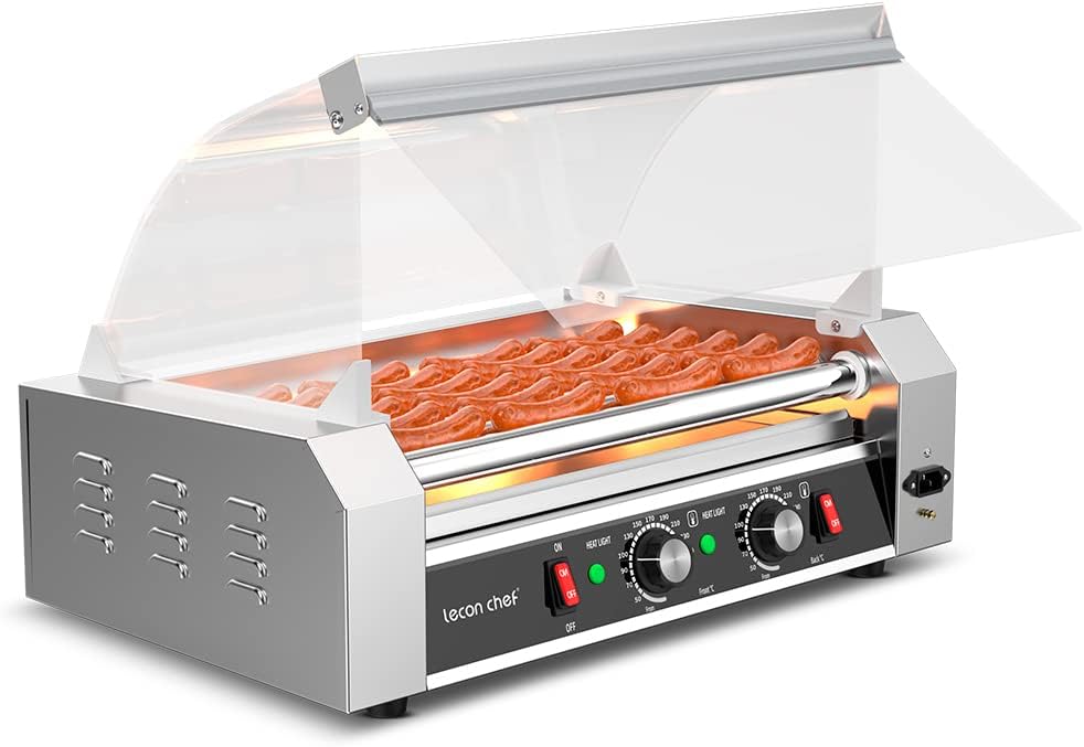 Leconchef Hot dog roller machine Commercial Grade Stainless Steel Electric 24 Hot Dog 7 Roller Grill Cooker Machine with Detachable Glass Cover、Dust cover and LED Lights, 1200-Watts