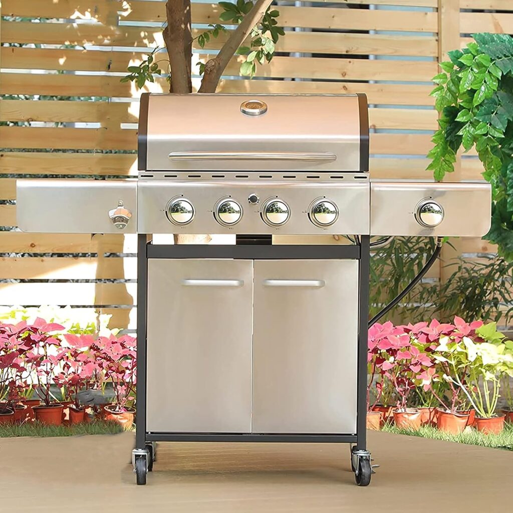 MFSTUDIO 4 Burner Propane Gas BBQ Grill with Porcelain-Enameled Cast Iron Grates and Side Burner, 42,000BTU Outdoor Patio Garden Barbecue Grill, Stainless Steel