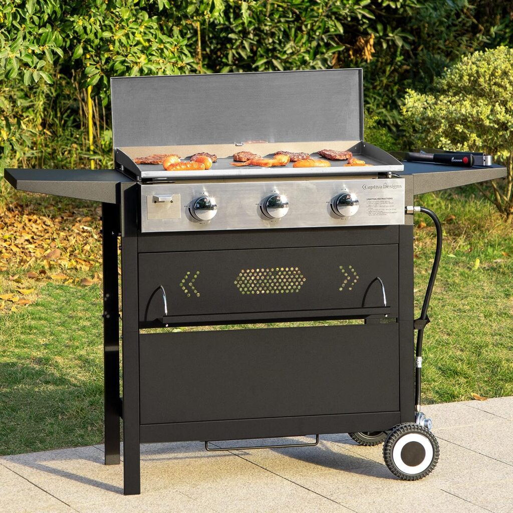 MFSTUDIO Flat Top Gas Griddle Grill with lid, 3 Burner Propane BBQ Grill Outdoor Cooking, Can be Used As a Table Top Griddle, for Camping, 33,000 BTU