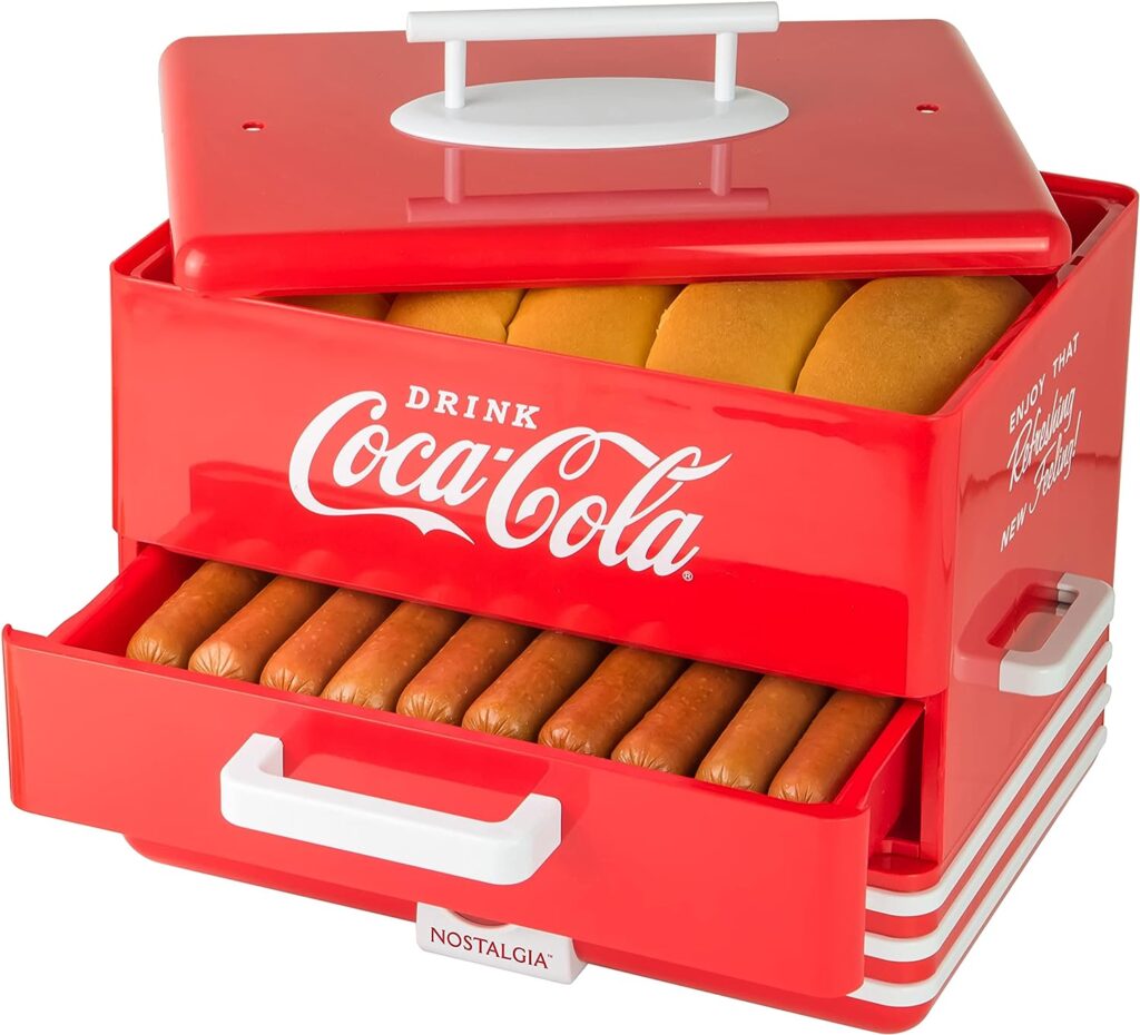 Nostalgia Extra Large Diner-Style Coca-Cola Hot Dog Steamer and Bun Warmer, 24 Hot Dog and 12 Bun Capacity, Steam Bratwursts, Sausages, Vegetables, Fish, Dumplings, Red