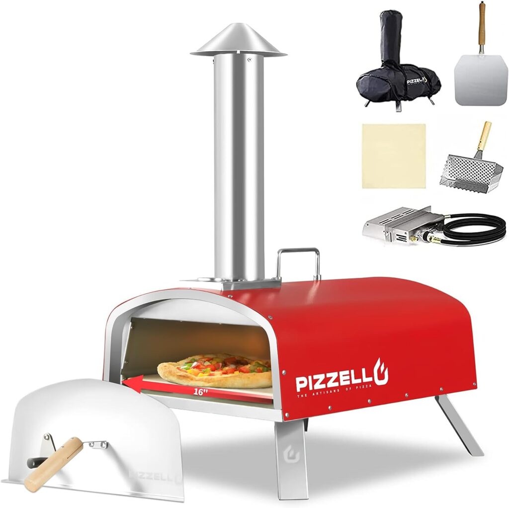 PIZZELLO 16 Outdoor Pizza Oven Propane  Wood Fired Stainless Steel Pizza Grill with Gas Burner, Wood Tray Pizza Stone, Pizza Peel, Carry Bag, Pizzello Forte Gas (Red)