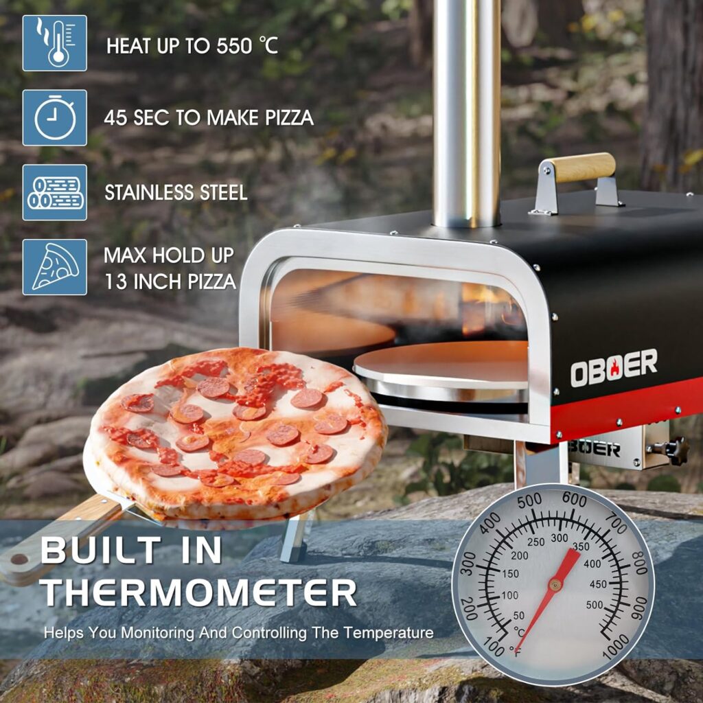 Portable Pizza Oven 13, Propane  Wood Fired Outdoor Pizza Oven, Stainless Steel Pizza Grill with Foldable Legs, Outdoor Pizza Oven with Gas Burner, Pizza Stone, Pizza Cutter, Carry Bag