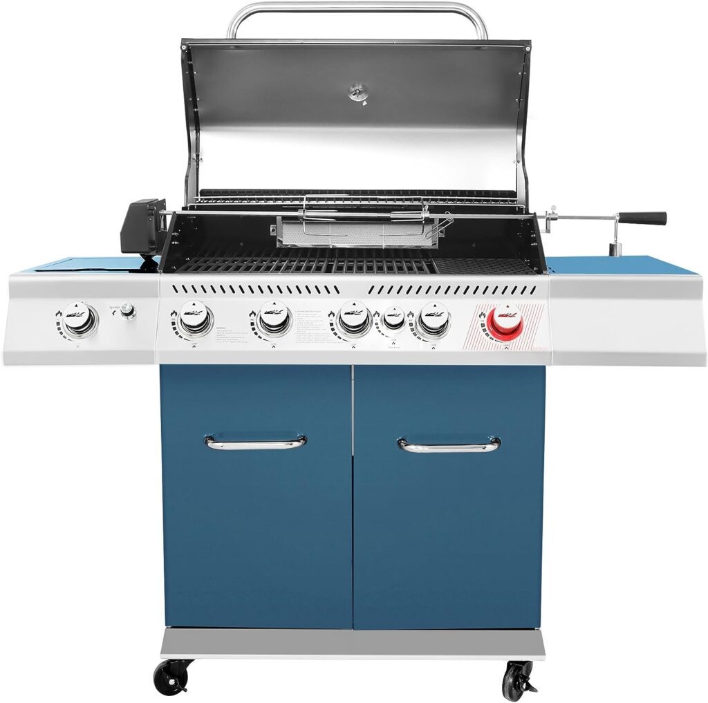 Royal Gourmet GA5403B 5-Burner BBQ Cabinet Style Propane Gas Grill with Rotisserie Kit, Sear Burner, Rear Burner and Side Burner, 74,000 BTU Patio Picnic Backyard, Outdoor Party, Blue