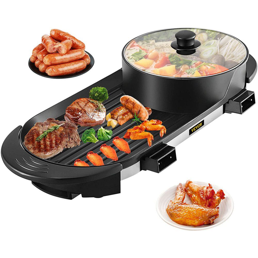 VEVOR 2 in 1 BBQ Grill and Hot Pot with Divider, Aluminum Alloy Electric BBQ Stove Hot Pot, Separate Dual Thermostat Teppanyaki Grill Pot with 5 Speed, for Family Dinner Friends Party Black  | VEVOR US