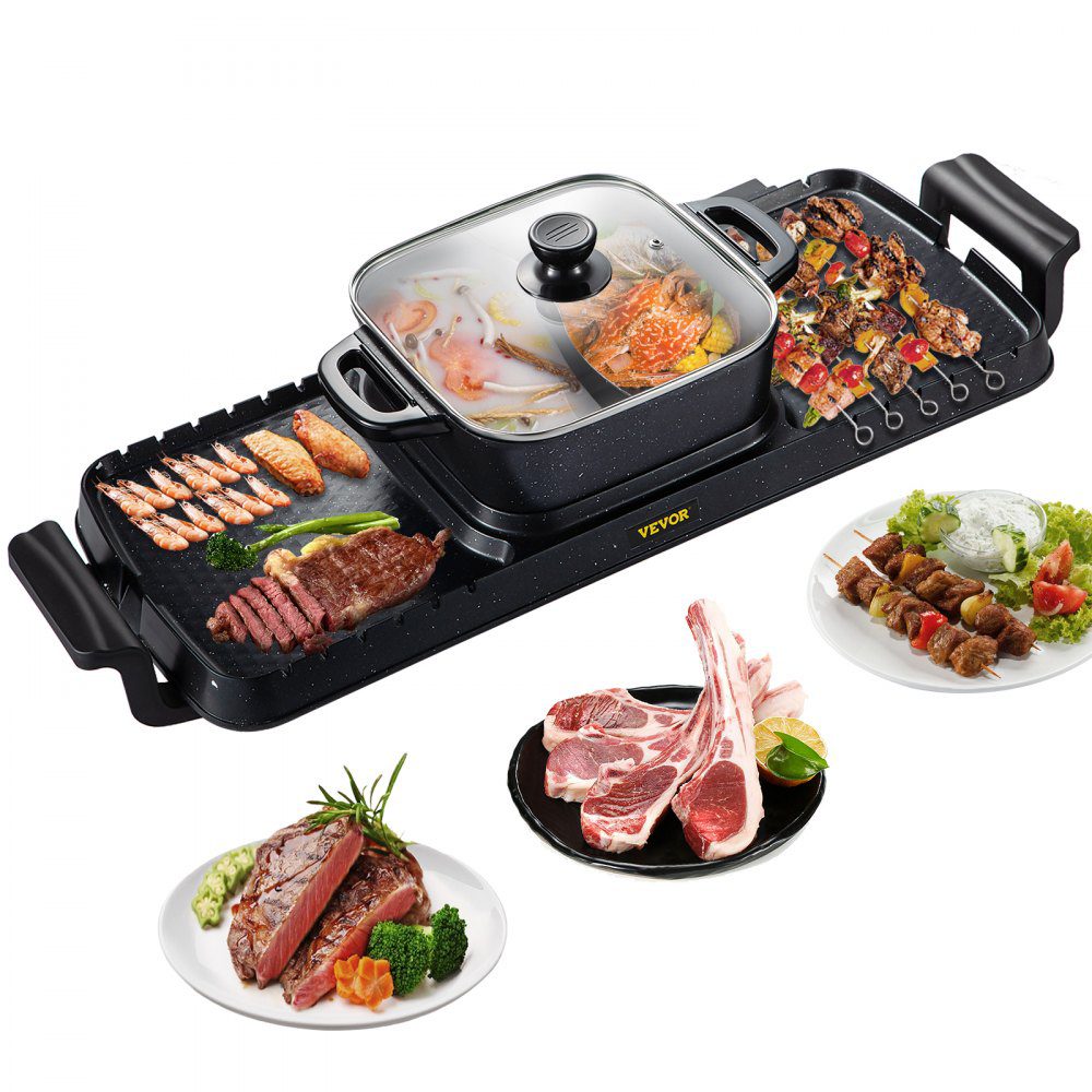 VEVOR 2 in 1 Electric Grill and Hot Pot, 2400W BBQ Pan Grill and Hot Pot, Multifunctional Teppanyaki Grill Pot with Dual Temp Control, Smokeless Hot Pot Grill with Nonstick Coating for 1-8 People  | VEVOR US