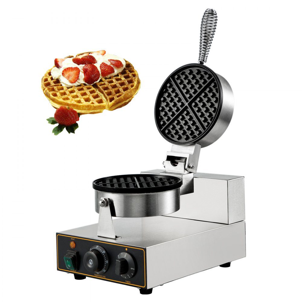 VEVOR Commercial Round Waffle Maker Nonstick 1100W Stainless Steel 110V Temperature and Time Control, Suitable for Restaurant Bakeries Snack Bar Family, Non-rotated  | VEVOR US