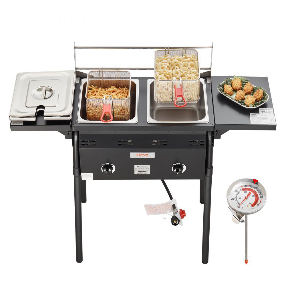 VEVOR Outdoor Propane Deep Fryer, Double Burners Commercial Fryer, 16 Qt Stainless Steel Cooker with Removable Baskets amp; Lids amp; Tanks, Oil Fryer Cart with Thermometer amp; Regulator, For Outdoor Cooking  | VEVOR US