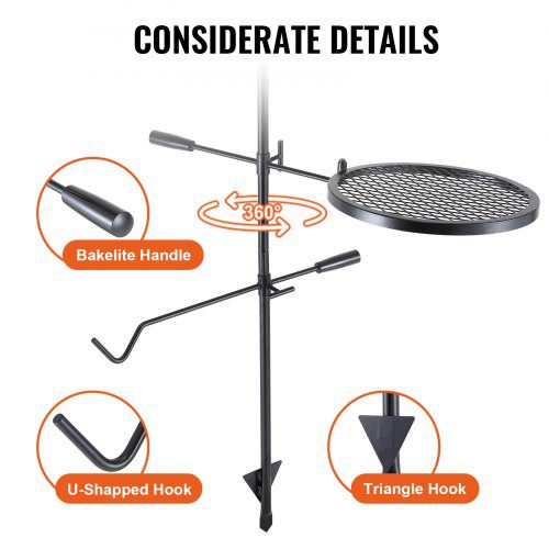 VEVOR Swivel Campfire Grill, Fire Pit Grill Grate over Fire Pits, Heavy Duty Steel Grill Grates, 360° Adjustable Open Fire Outdoor Cooking Equipment, Portable Camp Fire Racks for Camping Outdoor BBQ  | VEVOR US