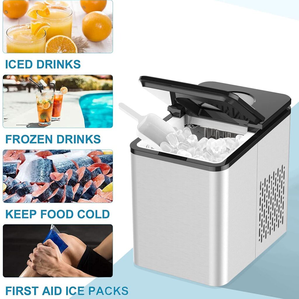 Countertop Ice Maker Machine | Portable Ice Makers 9 Ice Cubes Per 6-8 Mins | 2 Size Ice Cube | 27lbs in 24 hrs | Self-Cleaning Function | Scoop and Basket