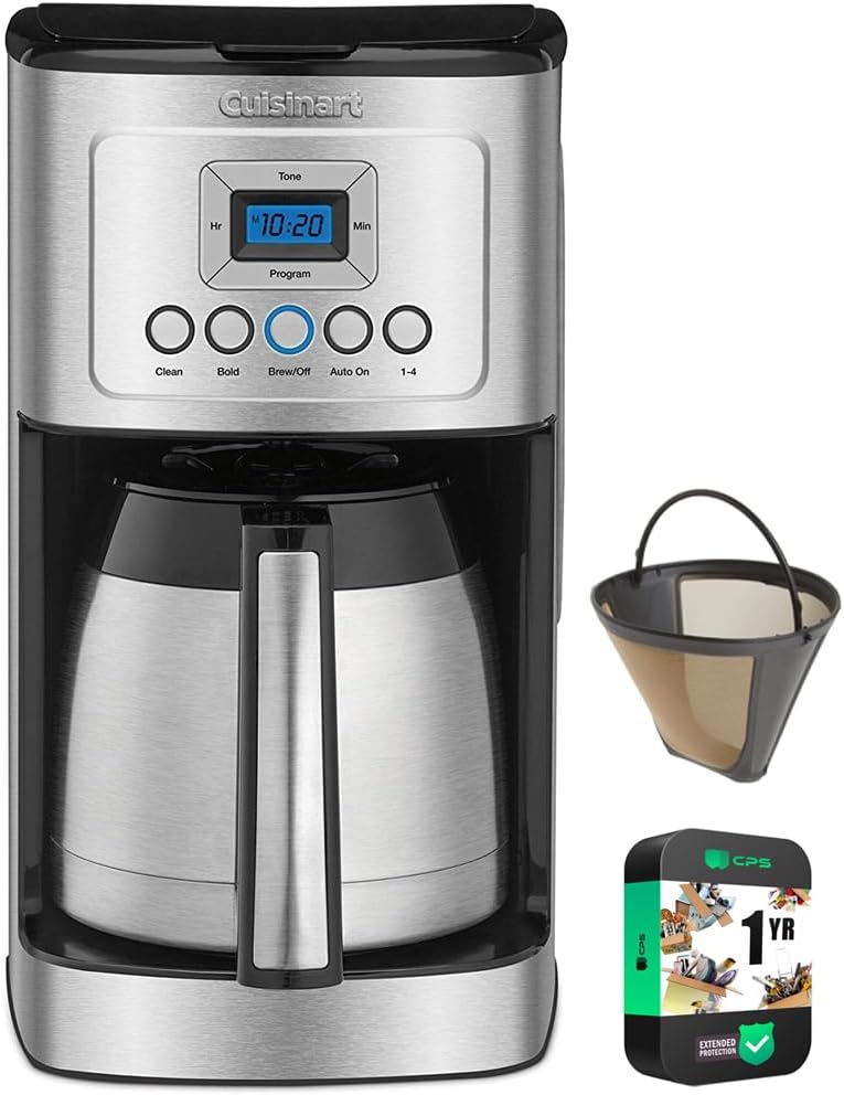 Cuisinart 12 Cup Programmable Stainless Steel Thermal Coffee Maker with Thermal Carafe (DCC-1850 /DCC-3400) Bundle Including Permanent Filter and 1 YR CPS Enhanced Protection Pack