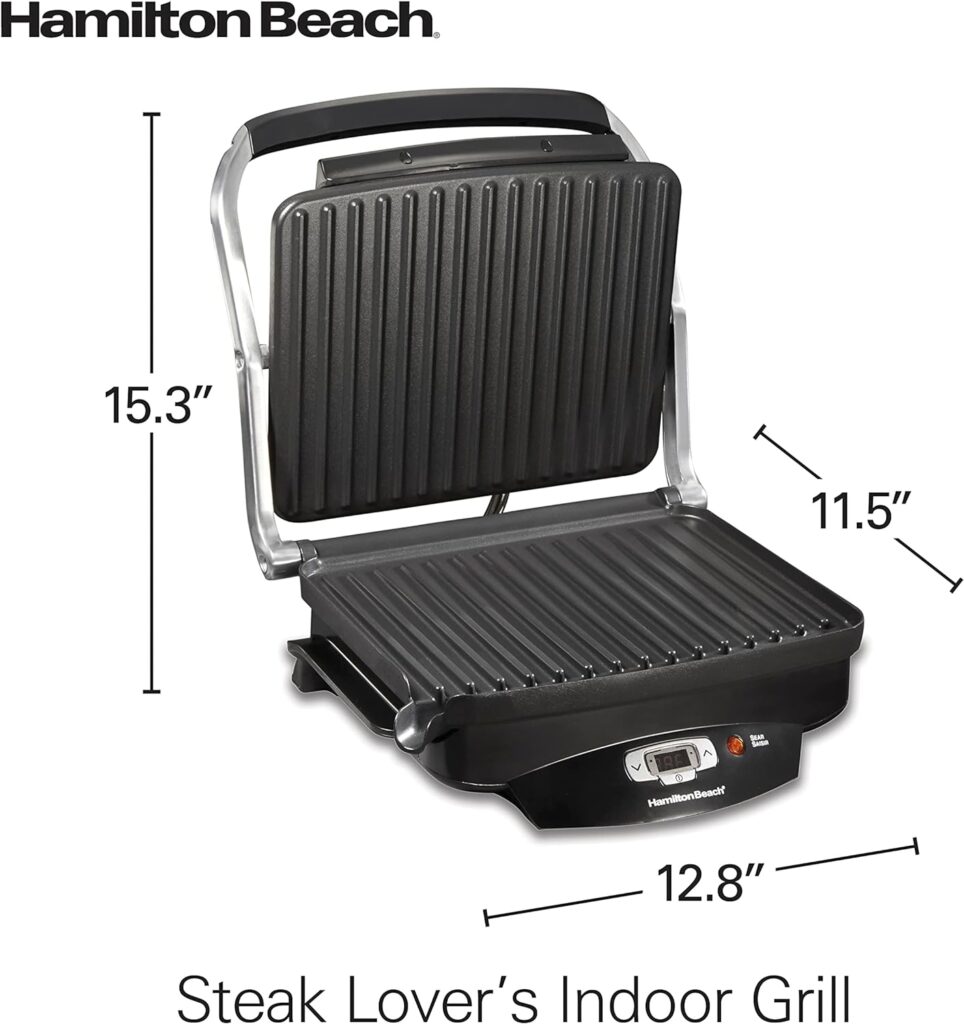 Hamilton Beach Steak Lovers Electric Indoor Searing Grill, Nonstick 100 Square, Stainless Steel (25331), Black and Stainless, Medium