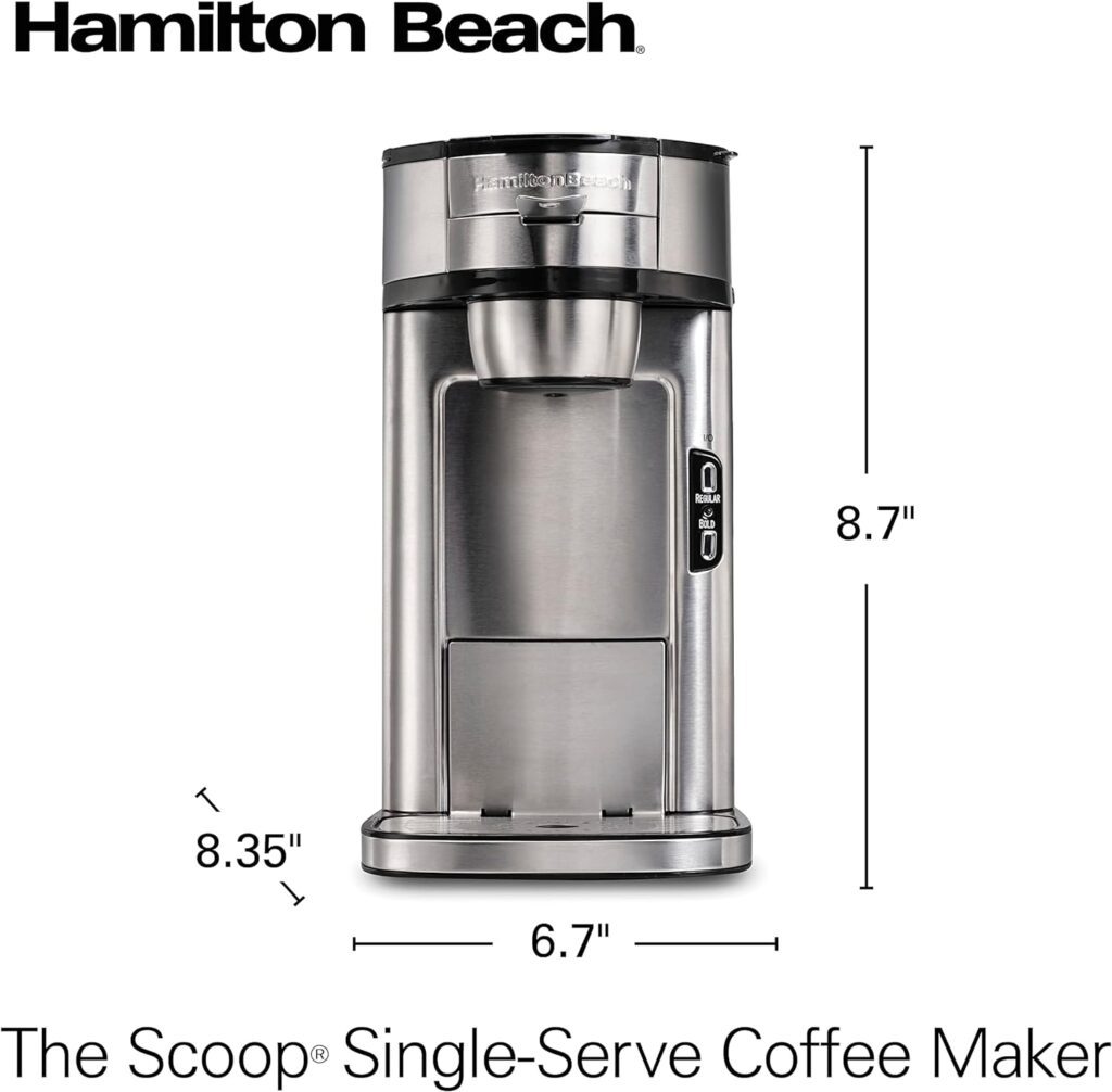 Hamilton Beach The Scoop Single Serve Coffee Maker  Fast Grounds Brewer, Brews in Minutes, 8-14oz. Cups, Stainless Steel