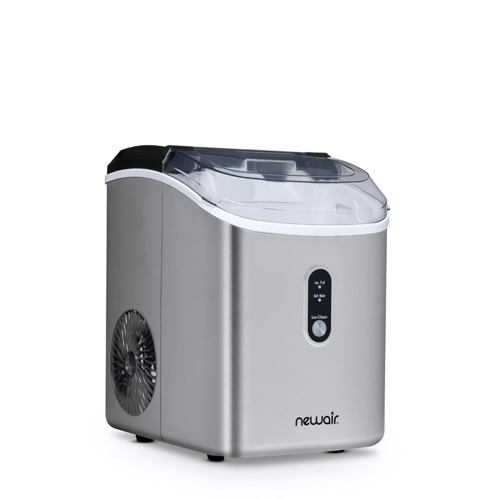 Newair 26 lbs. Nugget Countertop Ice Maker with Soft Chewable Pebble Ice, Self-Cleaning, Easy-Pour Waterspout, Perfect for Home, Kitchen, Office, Silver Stainless Steel