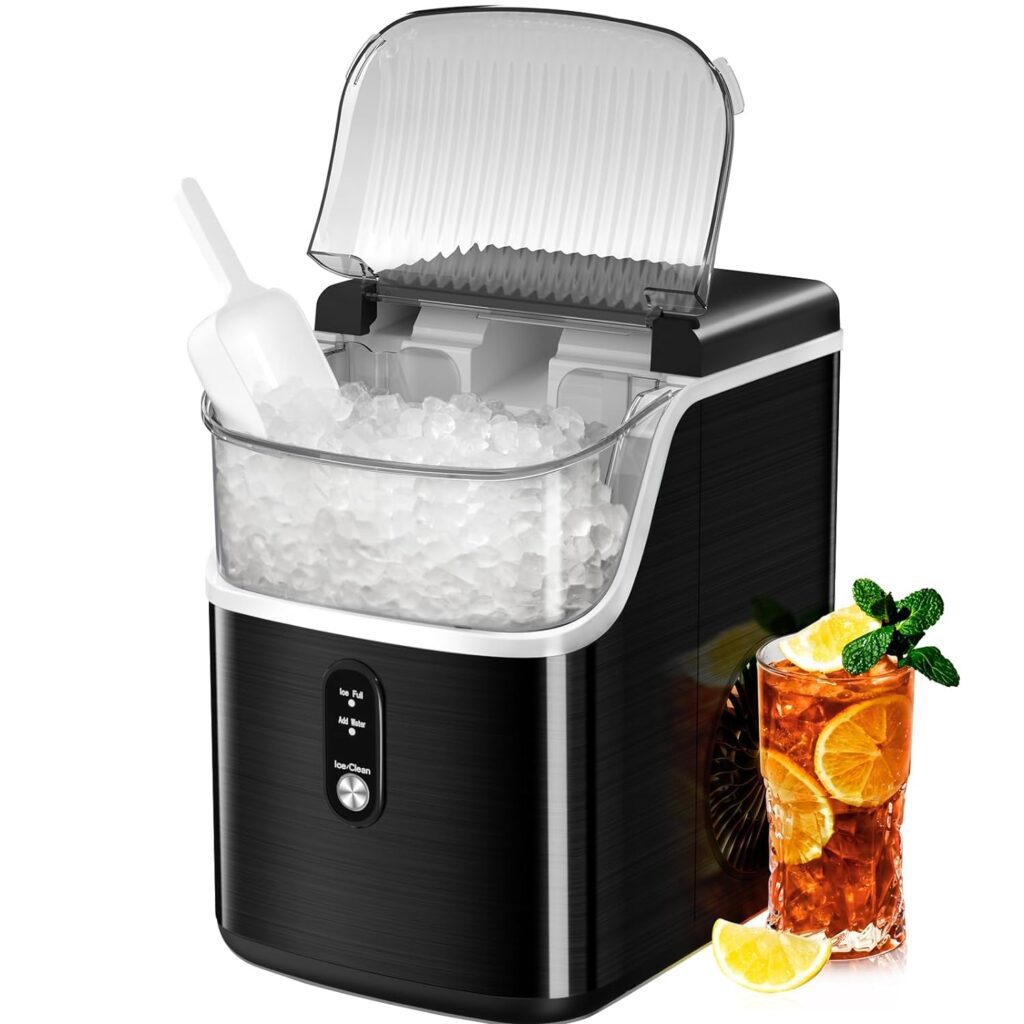 Nugget Countertop Ice Maker with Soft Chewable Pellet Ice, Pebble Portable Ice Machine, 35Lbs/24H, Self-Cleaning, Sonic Ice, One Button Operation, for Kitchen,Office Stainless Steel Black