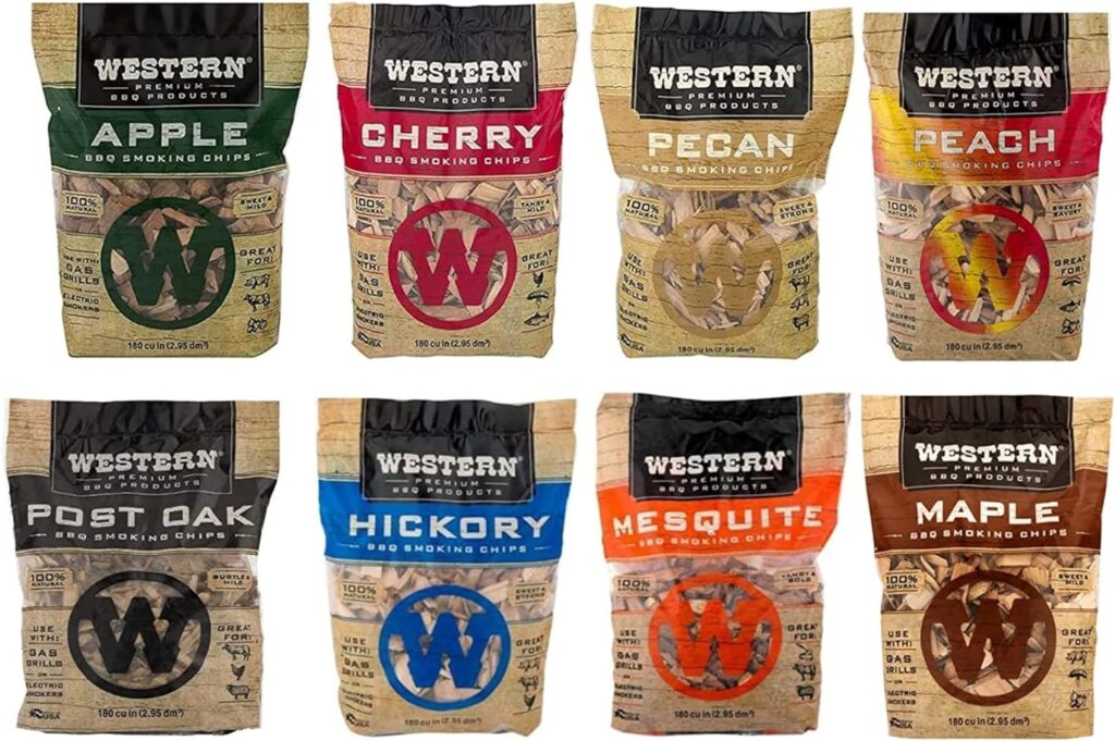 Western Wood 8 Pack Smoker Chips Variety Pack 180 cu in Bags - Apple, Cherry, Pecan, Peach, Post Oak, Hickory, Mesquite, and Maple for BBQ Enthusiasts