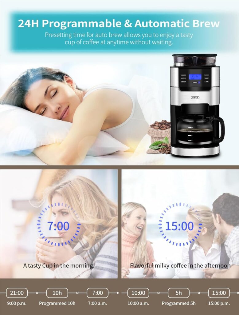 10-Cup Drip Coffee Maker, Grind and Brew Automatic Coffee Machine with Built-In Burr Coffee Grinder, Programmable Timer Mode and Keep Warm Plate, 1.5L Large Capacity Water Tank