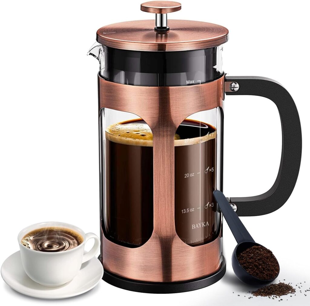 BAYKA 34 Ounce 1 Liter French Press Coffee Maker, Glass Classic Copper Stainless Steel Coffee Press, Cold Brew Heat Resistant Thickened Borosilicate Coffee Pot for Camping Travel Gifts