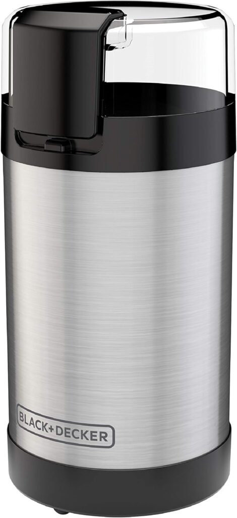 Black+Decker Grinder One Touch Push-Button Control, 2/3 Cup Coffee Bean Capacity, Stainless Steel