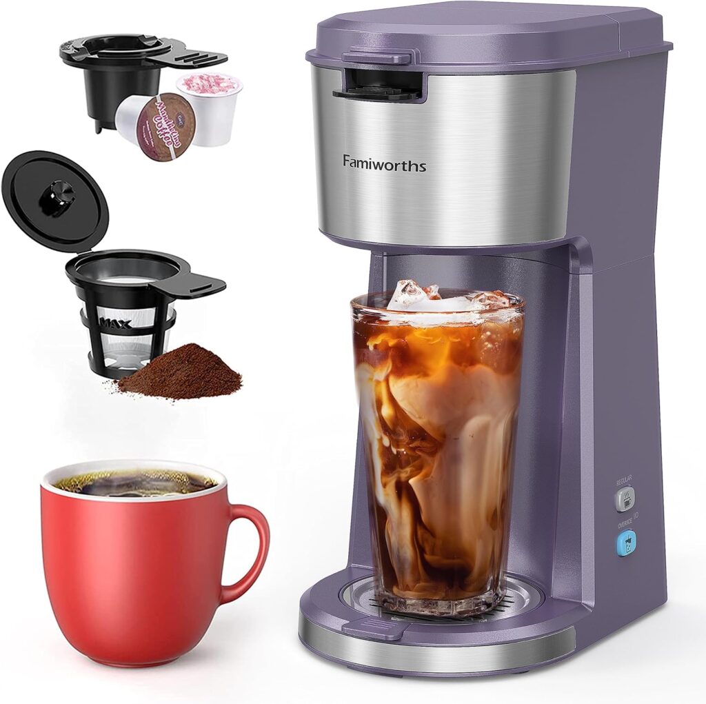 Famiworths Iced Coffee Maker, Hot and Cold Coffee Maker Single Serve for K Cup and Ground, with Descaling Reminder and Self Cleaning, Iced Coffee Machine for Home, Office and RV, Lavender: Home  Kitchen