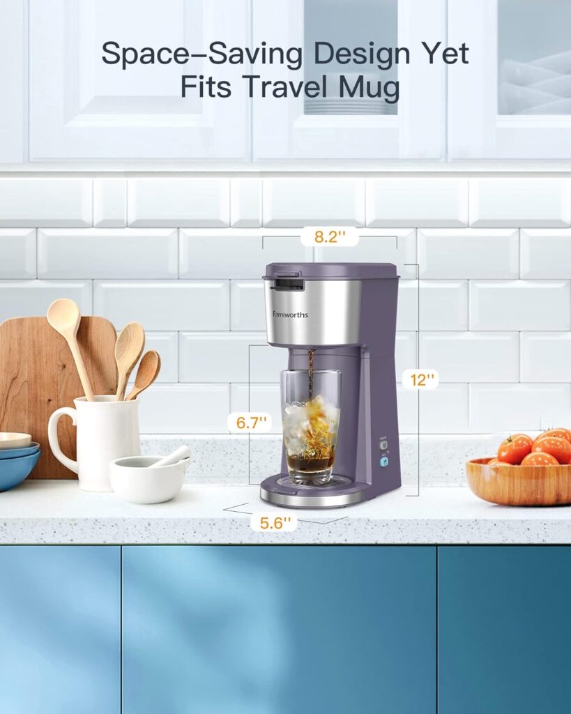 Famiworths Iced Coffee Maker, Hot and Cold Coffee Maker Single Serve for K Cup and Ground, with Descaling Reminder and Self Cleaning, Iced Coffee Machine for Home, Office and RV