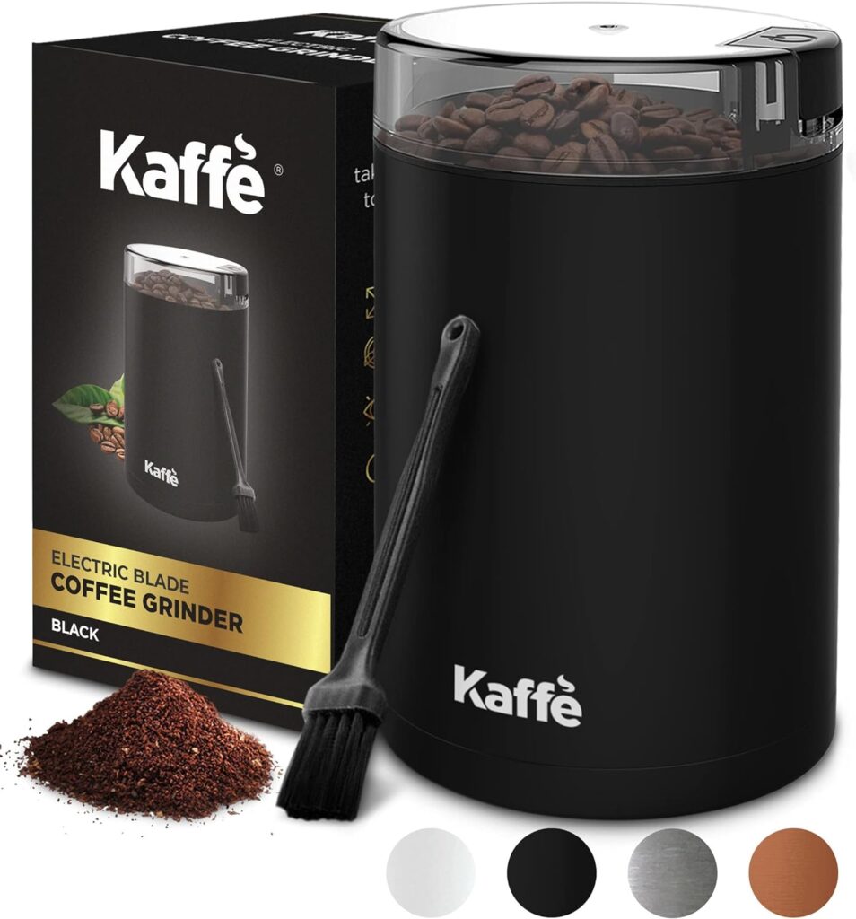 Kaffe Coffee Grinder Electric - Spice Grinder w/Cleaning Brush, Easy On/Off - Perfect for Espresso, Herbs, Spices, Nuts, Grain - 3.5oz / 14 Cup (Black)