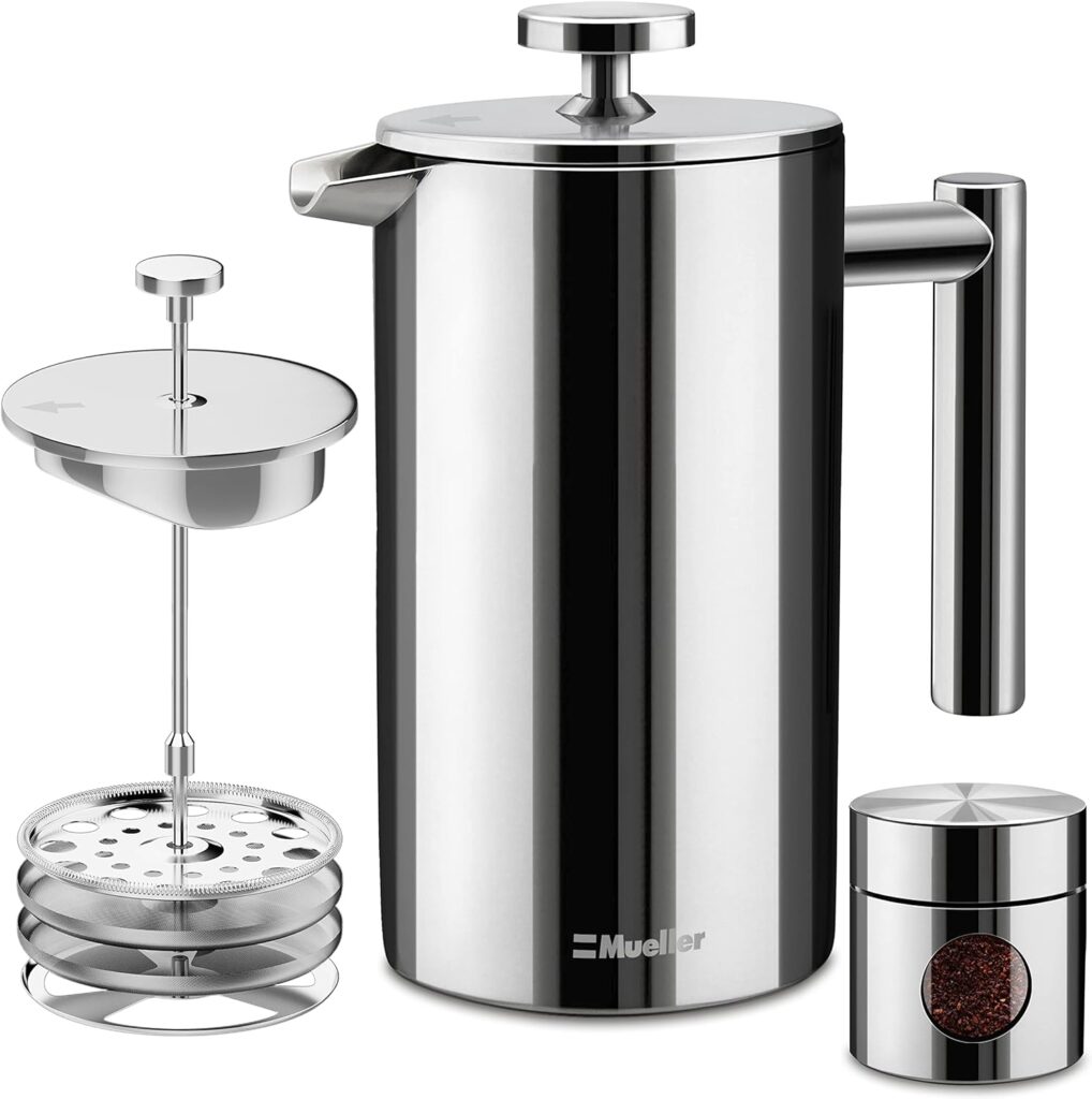 Mueller French Press Double Insulated 310 Stainless Steel Coffee Maker 4 Level Filtration System, No Coffee Grounds, Rust-Free, Dishwasher Safe : CDs  Vinyl